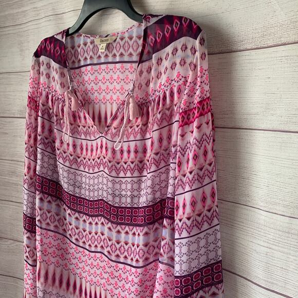 Decree Pink Sheer Geometric Pattern Blouse Swim Cover Up Tie Neck Size M - Picture 16 of 16
